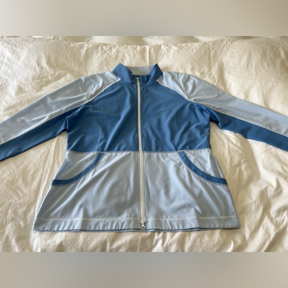 Women's FootJoy Full Zip Golf Jacket Mid Layer Blue White Mini Striped Large.
